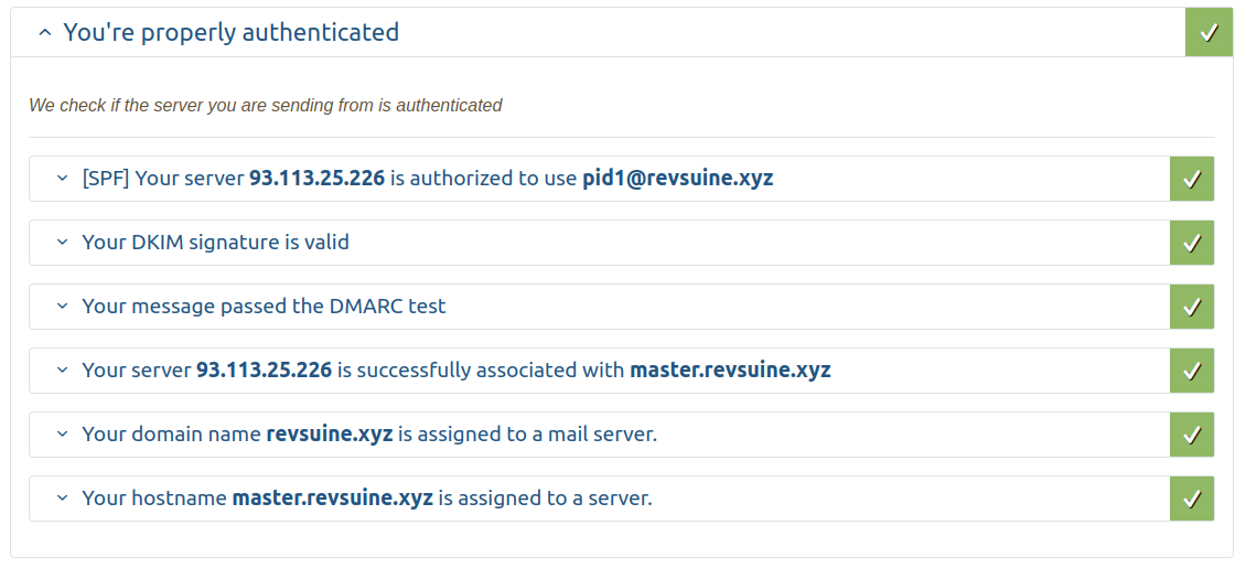 Screenshot of mail-tester.com authentication results passing all checks